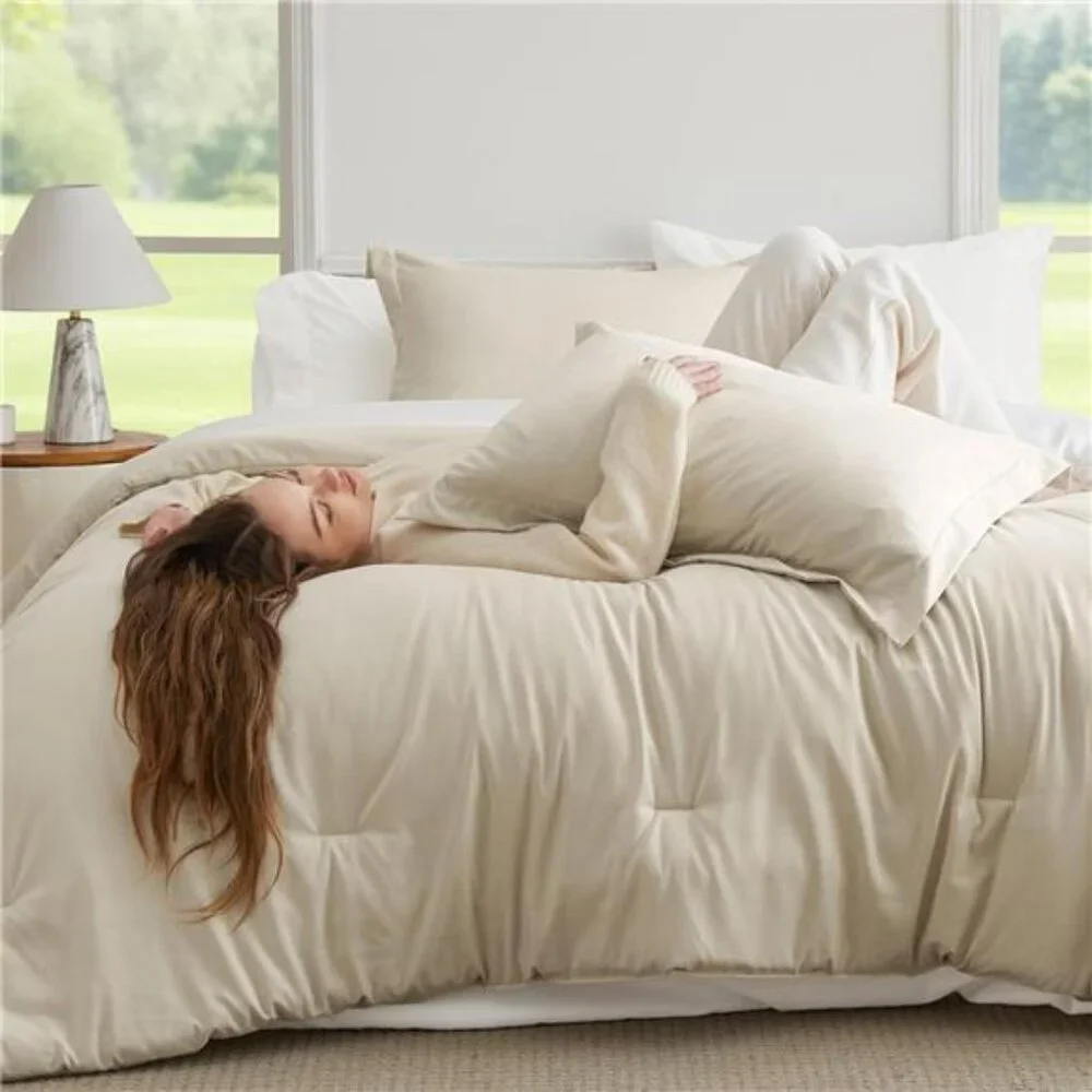 Bedsure Queen Comforter Set - 7 Pieces Beige Queen Bedding Set for All Seasons